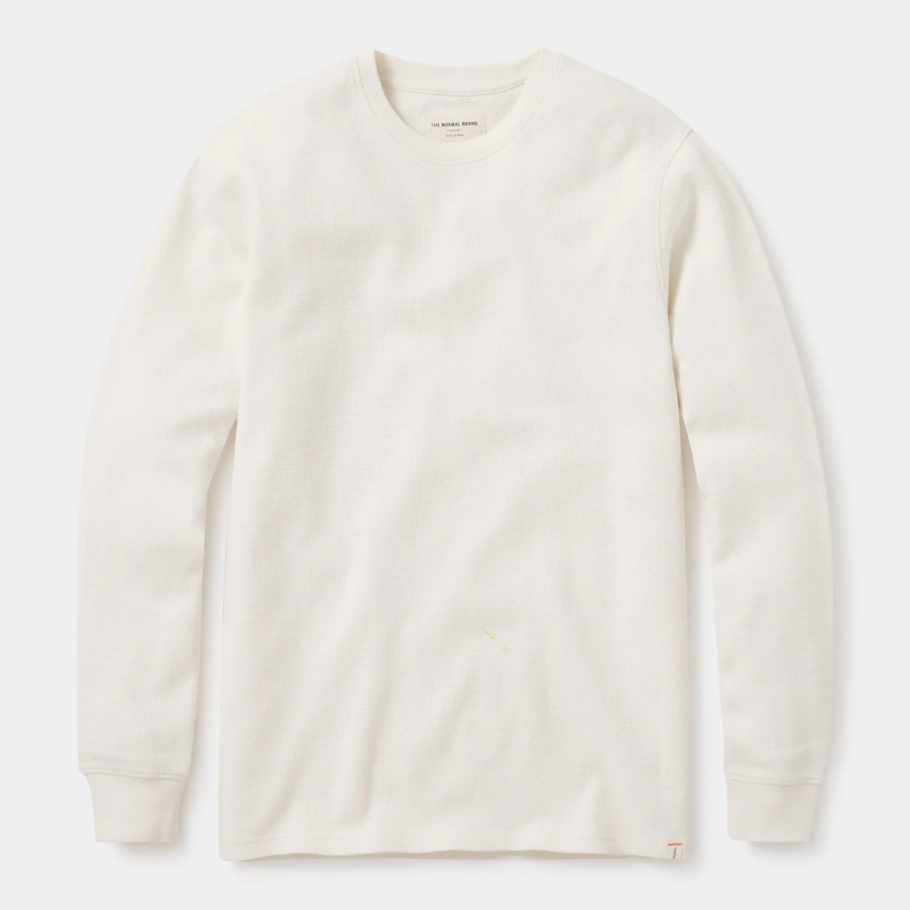 A front view of a white Vintage Thermal Crew sweater from The Normal Brand.