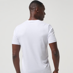 The back of a white men's t-shirt from TravisMathew. With nothing on it.