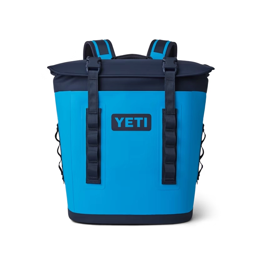 YETI Hopper Backpack M12 Soft Cooler in Big Blue Wave and Navy.