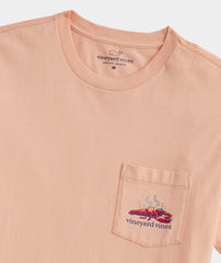A front view of the chest pocket with a smoking lobster.