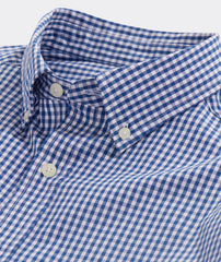 Vineyard Vines Men's Stretch Poplin Gingham Button Down Shirt, in blue. Close up detail view.