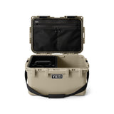 YETI LoadOut® GoBox 30 In Tan with the lid open, showing interior accessories.