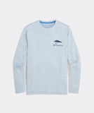 Men's long sleeve t-shirt in the color blue. Showing a fly fishing illustration and the Vineyard Vines logo. 