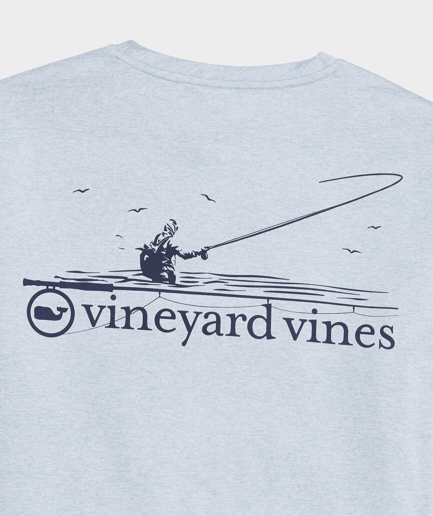 Men's long sleeve t-shirt in the color blue. Showing a fly fishing illustration and the Vineyard Vines logo. 