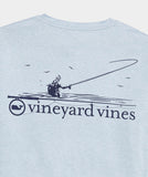 Men's long sleeve t-shirt in the color blue. Showing a fly fishing illustration and the Vineyard Vines logo. 