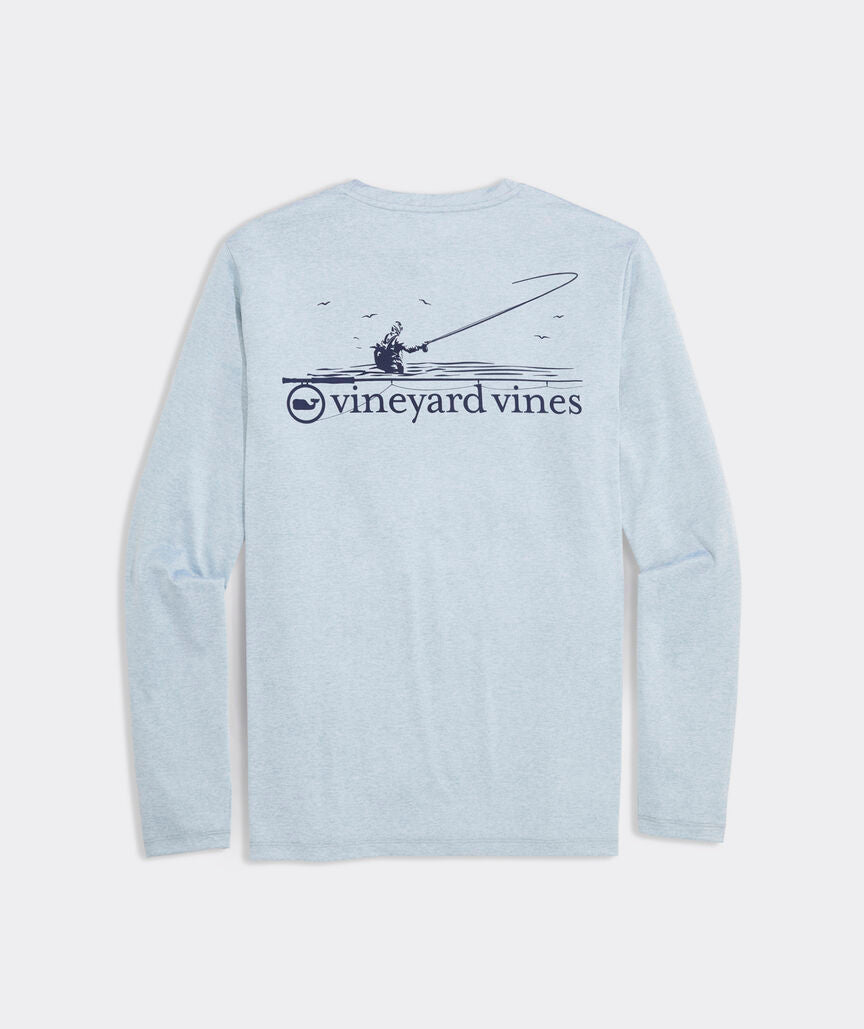 Men's long sleeve t-shirt in the color blue. Showing a fly fishing illustration and the Vineyard Vines logo. 