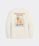 Long sleeve t-shirt with the graphic of a golden retriever dog on the back. Above the dogs is, "Vineyard Vines." Below the dog is the phrase, "EVERY DAY SHOULD FEEL THIS GOOD." The dog is standing in high grass, and the t-shirt is the color marshmallow.