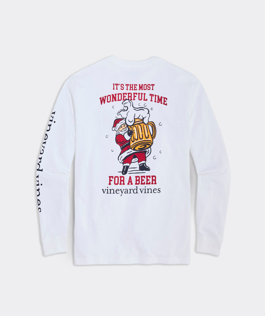 White long sleeve t-shirt with Santa Clause holding a mug of beer. The words "It's the most wonderful time for a beer." and the Vineyard Vines logo are shown.