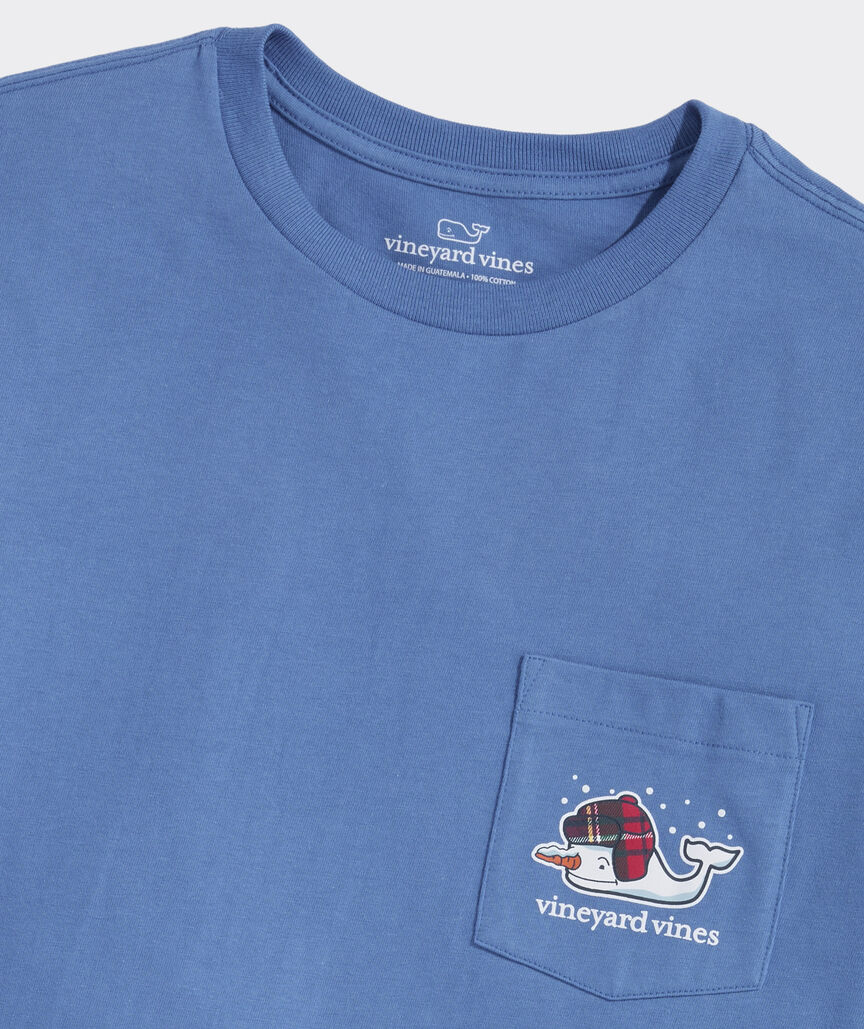 Snowman Whale Long Sleeve Pocket Tee with the Vineyard Vines logo in a winter cap.