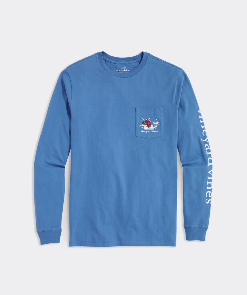 Snowman Whale Long Sleeve Pocket Tee with the Vineyard Vines logo in a winter cap.