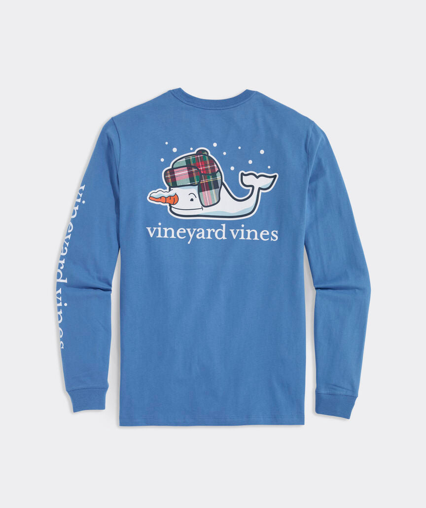 Snowman Whale Long Sleeve Pocket Tee with the Vineyard Vines logo in a winter cap.