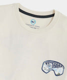 Long sleeve white heather t-shirt with the Vineyard Vines logo in ski goggles.