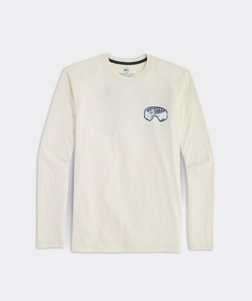 Long sleeve white heather t-shirt with the Vineyard Vines logo in ski goggles.