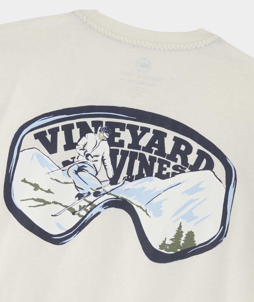 Long sleeve white heather t-shirt with the Vineyard Vines logo in ski goggles.