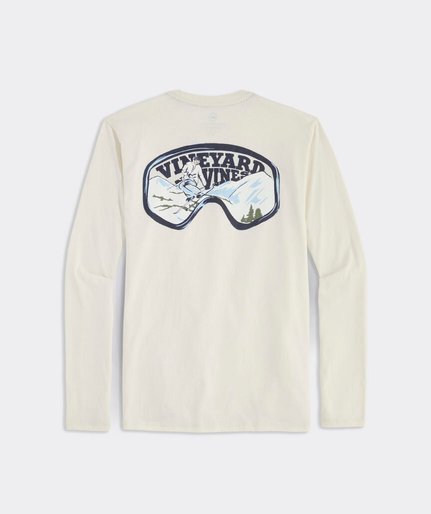 Long sleeve white heather t-shirt with the Vineyard Vines logo in ski goggles.