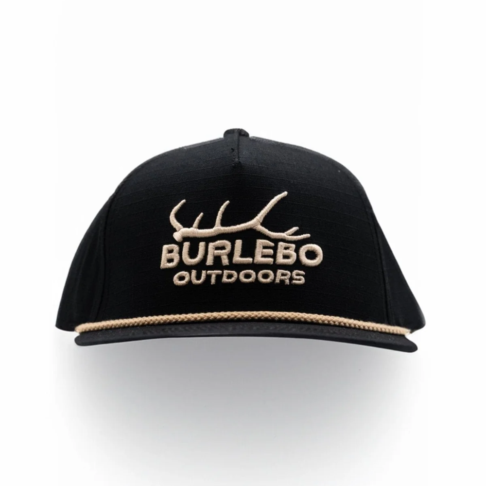 A rope hat with the Burlebo Outdoors logo with an elk antler above it. The primary color of the hat is black. The color of the rope and logo are tan.