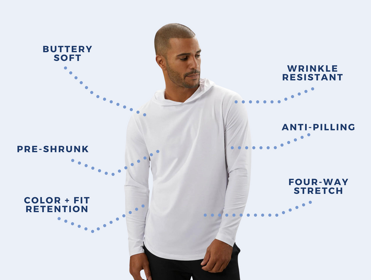 The AO Hooded Curve-Hem Tee from CUTS Clothing has plenty of featurs. It's Buttery soft, wrinkle resistant, anti-pilling, pre-shrunk, offers four-way stretch, and color/fit retention.