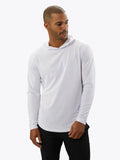 CUTS Clothing Men's AO Long Sleeve Hooded Curve-Hem Tee in color white.