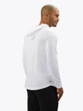 CUTS Clothing Men's AO Long Sleeve Hooded Curve-Hem Tee in color white.