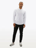 CUTS Clothing Men's AO Long Sleeve Hooded Curve-Hem Tee in color white.