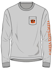 Grey long sleeve t-shirt from Vineyard Vines with the Bengals "B" logo on the front chest pocket.