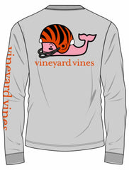 Grey long sleeve t-shirt from Vineyard Vines, with the Vineyard Vines whale logo wearing a Cincinnati Bengals football helmet. 