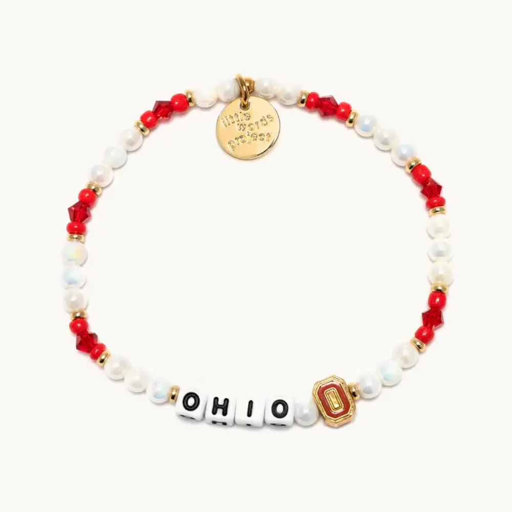 Bead bracelet from Little Words Project in the color scarlet and grey. Featuring the word, "Ohio", and the Ohio State University logo charm.