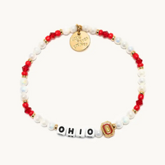 Bead bracelet from Little Words Project in the color scarlet and grey. Featuring the word, "Ohio", and the Ohio State University logo charm.