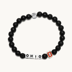 A black bead bracelet with the Ohio State logo. From Little Words Project.