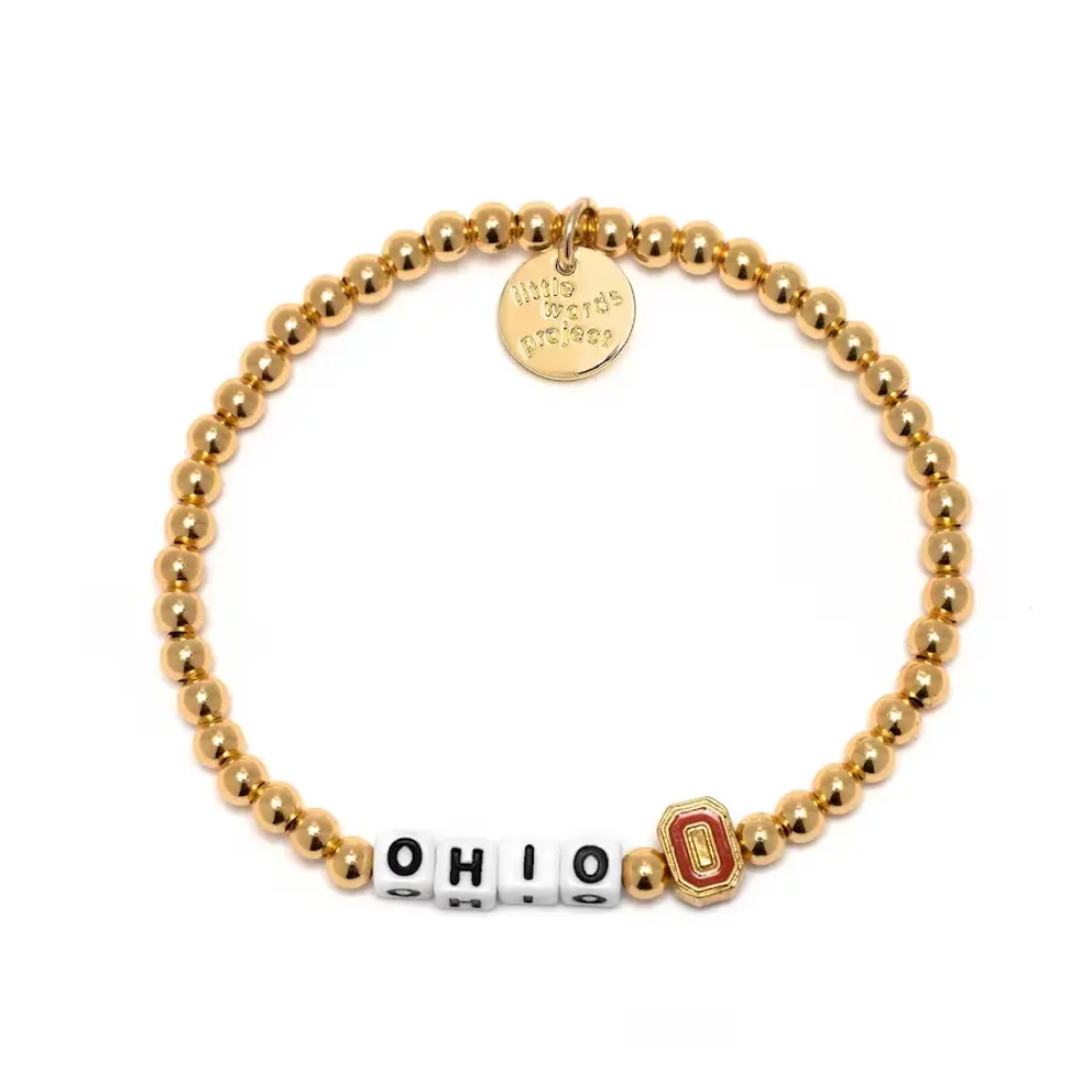 14k gold bead bracelet from Little Words Project with the Ohio State logo charm.