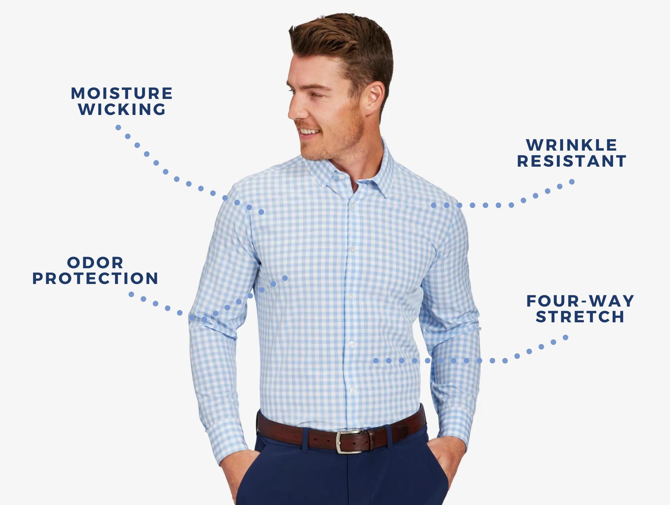 The Mizzen+Main Leeward Dress Shirt offers a Wrinkle Resistant style, with odor protection, moisture wicking material and a four-way stretch for max comfort.