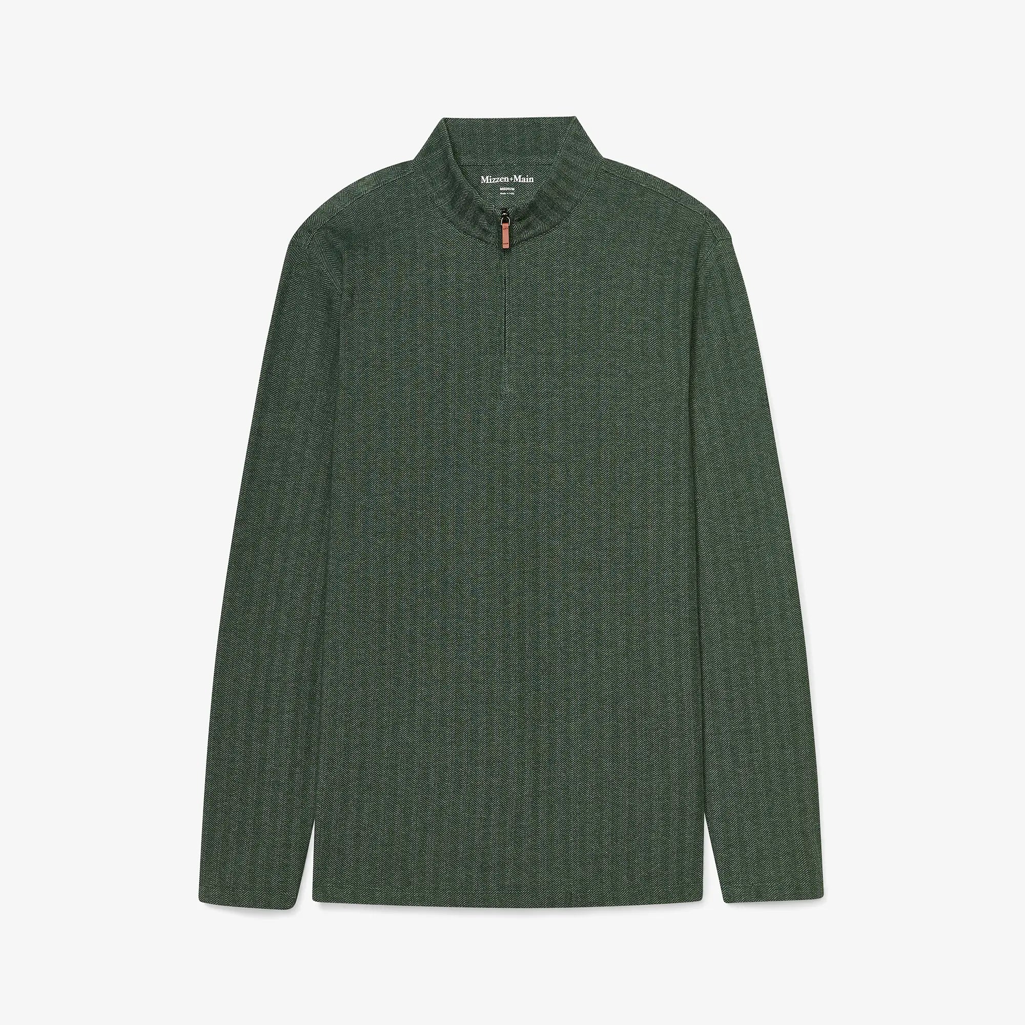 Green men's golf quarter-zip sweater from the brand Mizzen+Main.