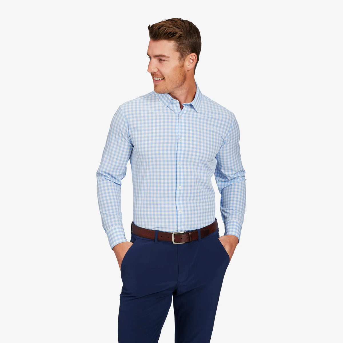 Mizzen+Main Leeward Dress Shirt in Light Blue Gingham.