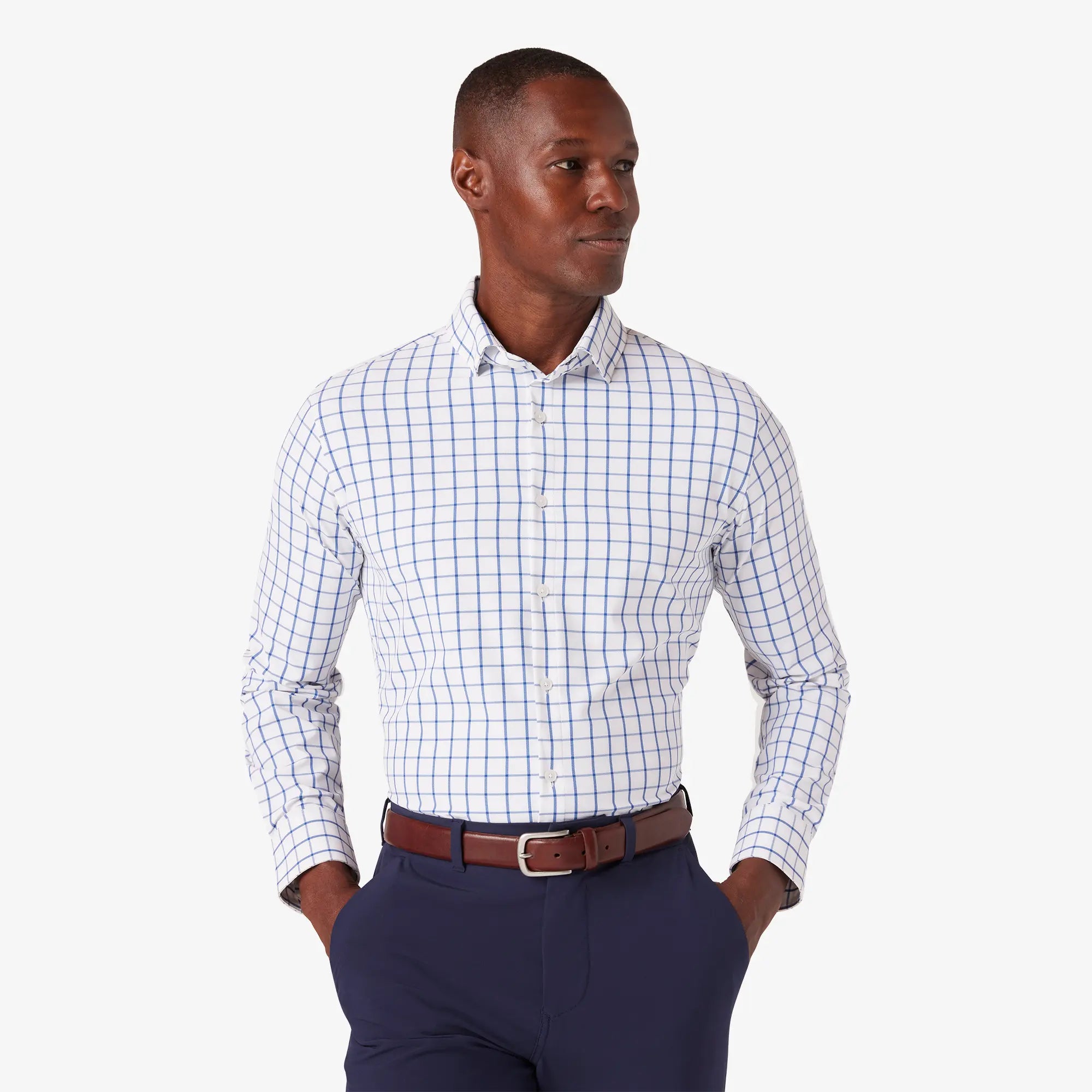 Mizzen+Main Leeward Dress Shirt in White Navy Windowpane.