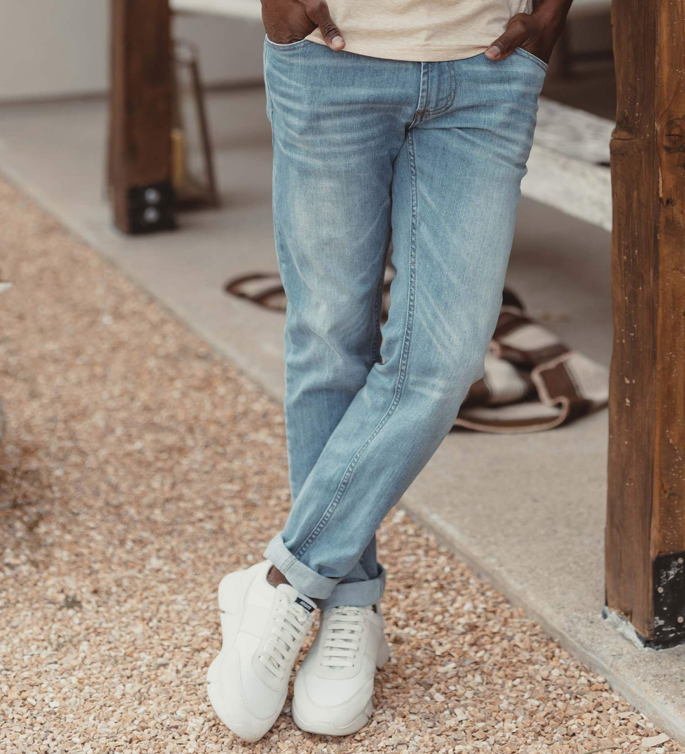 Front view of The Normal Jean from The Normal Brand in light wash color.