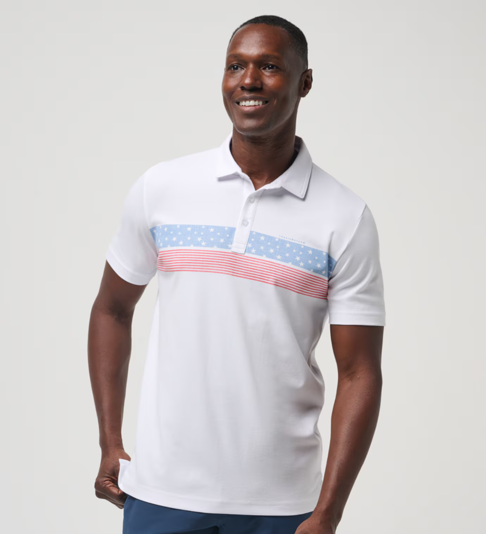 TravisMathew Merica Polo for men, in the color white.