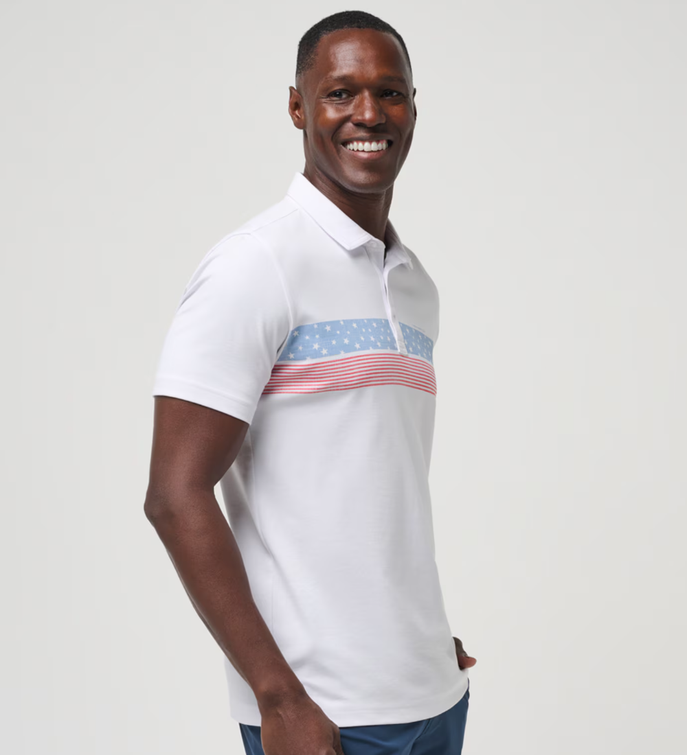 TravisMathew Merica Polo for men, in the color white.