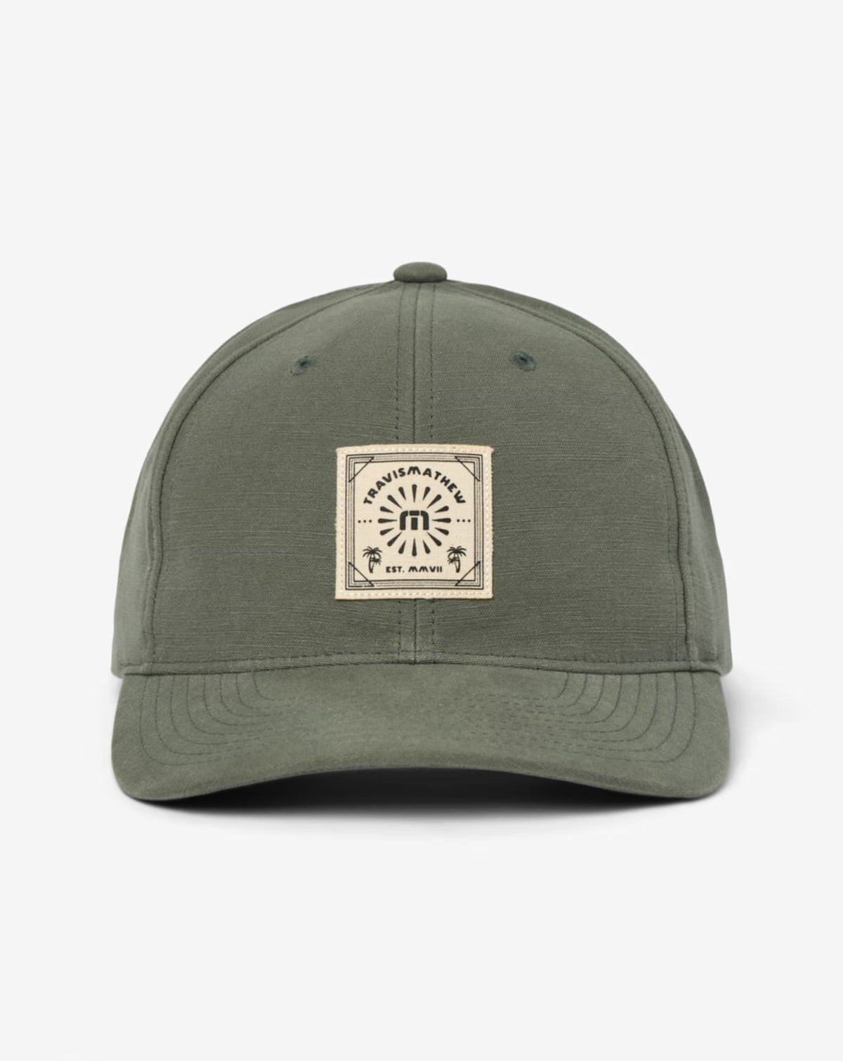 Men's snapback hat from TravisMathew in the color Dark Olive.