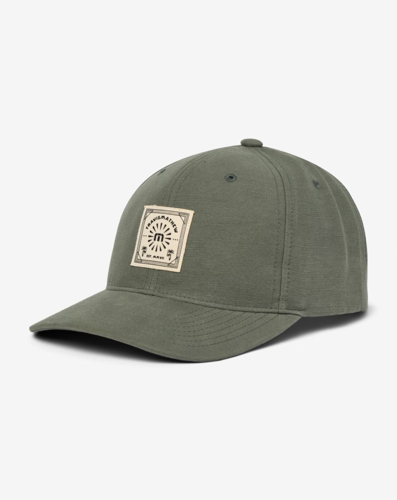 Men's snapback hat from TravisMathew in the color Dark Olive.