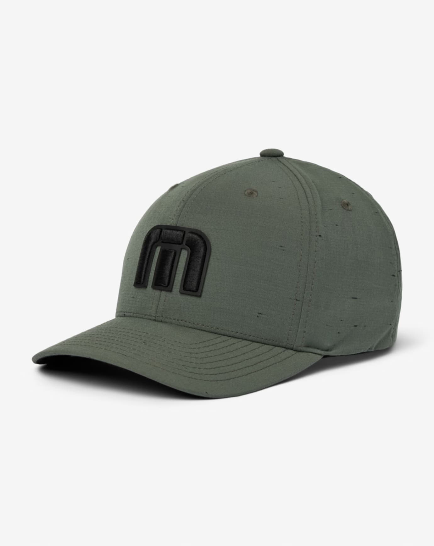 Olive green golf hat with a black TravisMathew hat.