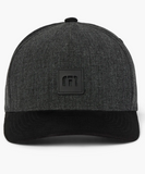 An all black golf hat from TravisMathew. Showing an all black bill, and black TravisMathew logo.