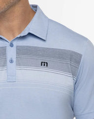 TravisMathew Men's Green Canopy Polo in the color Heather Bel Air Blue.