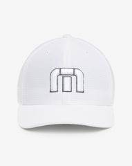 A TravisMathew golf hat in all white.