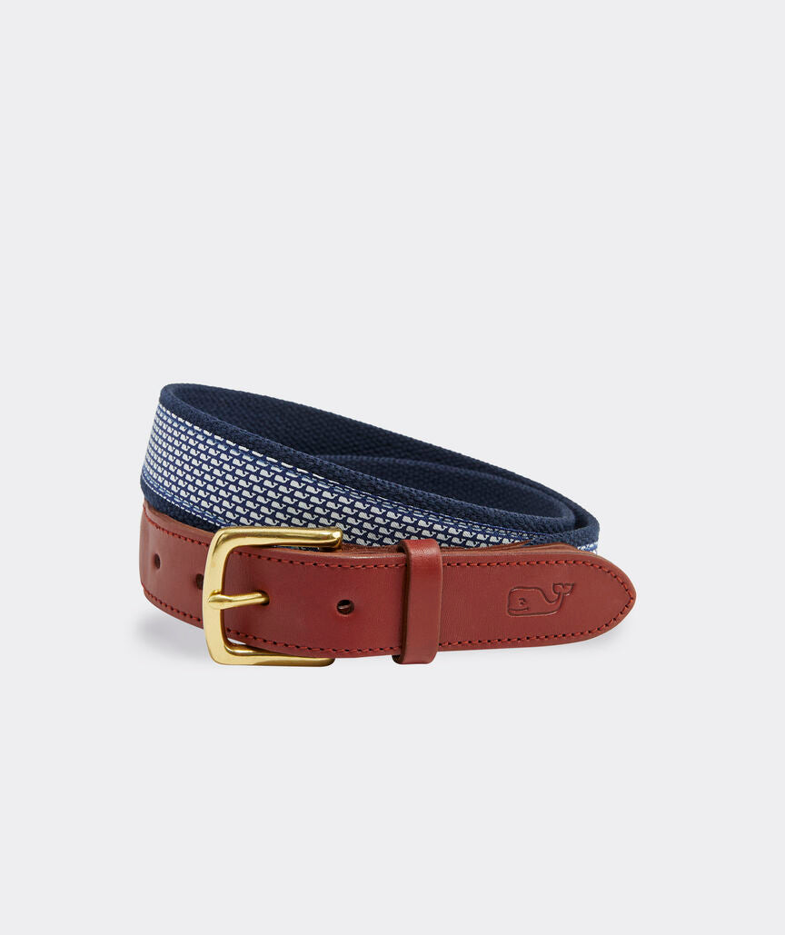 Men's leather belt from Vineyard Vines with micro whale canvas.