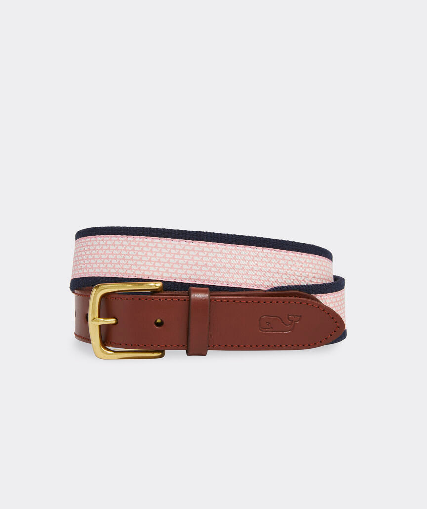 Men's leather belt from Vineyard Vines with micro whale canvas.