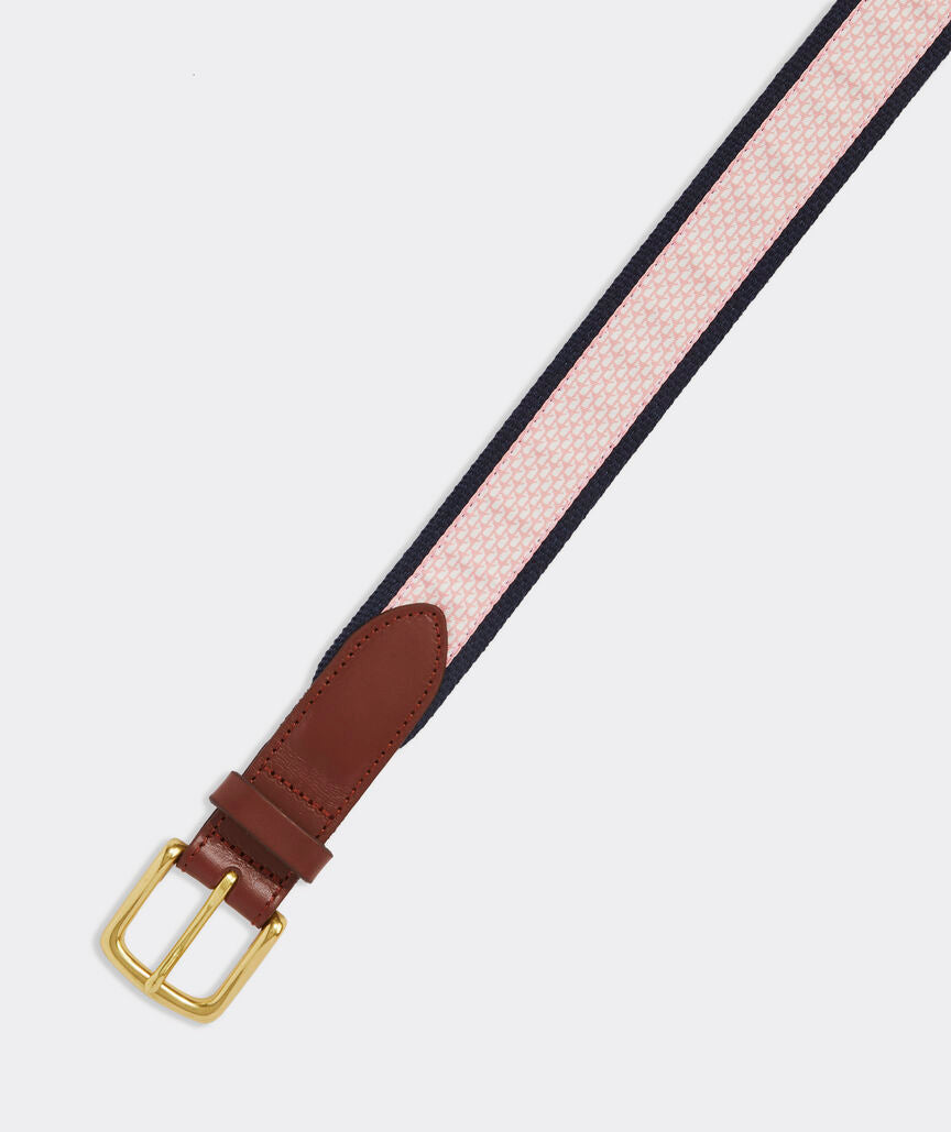 Men's leather belt from Vineyard Vines with micro whale canvas.