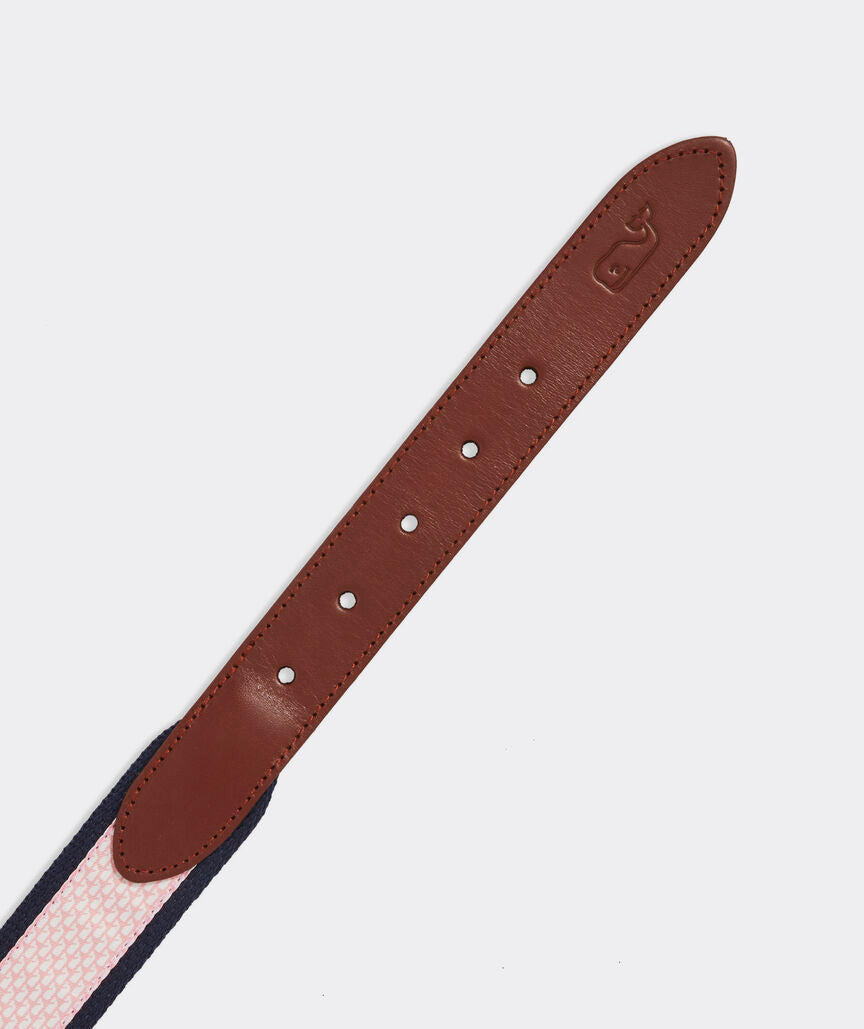 Men's leather belt from Vineyard Vines with micro whale canvas.