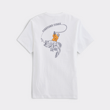 A white t-shirt from Vineyard Vines. Showing a fishermen wearing a yellow wet suit, riding a large mouth bass fish, with a fishing hook in front of it's mouth.