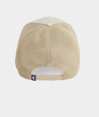 A Vineyard Vines leather trucker hat with a brown Vineyard Vines logo hat with a mesh back.