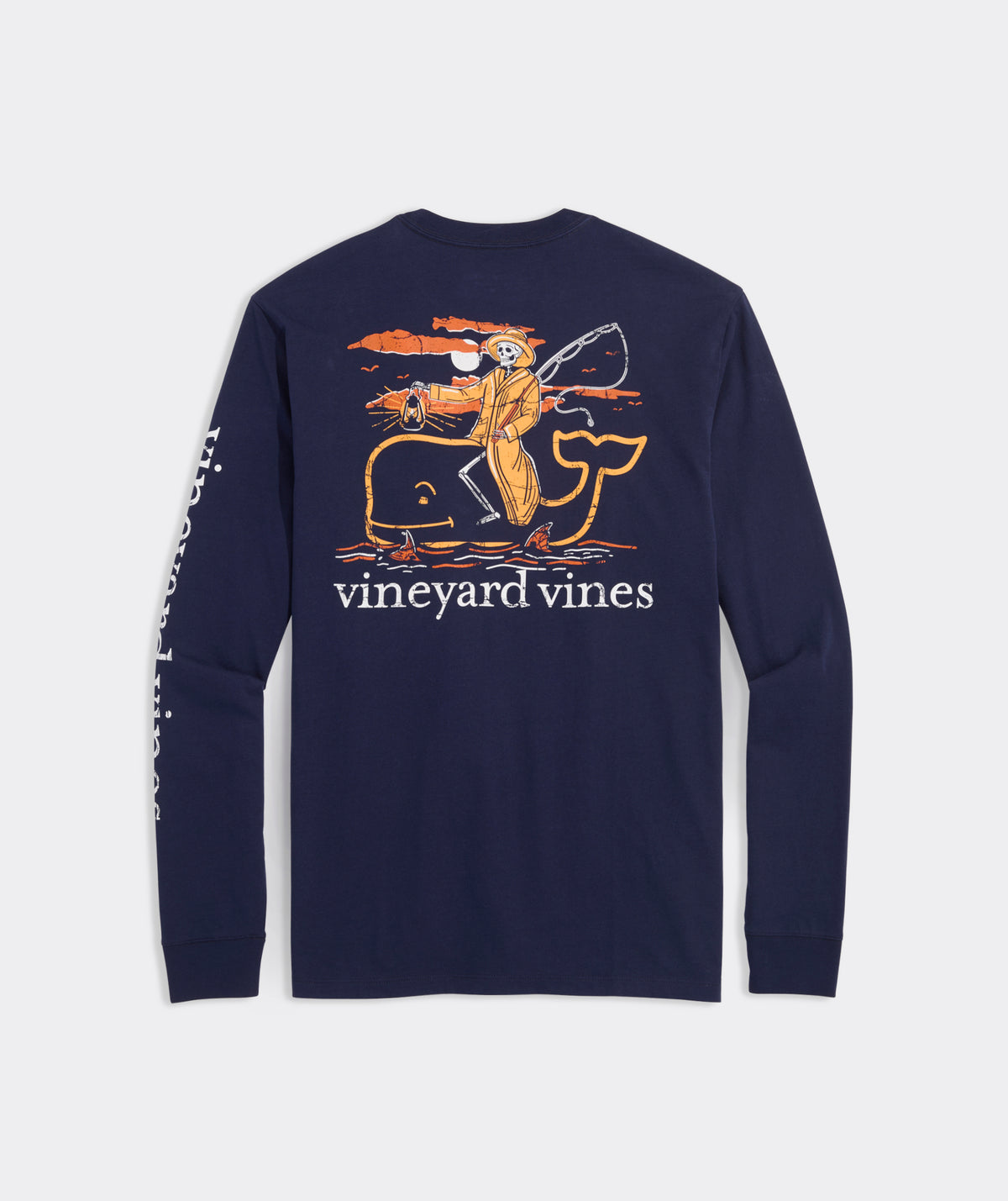 Navy blue Vineyard Vines men's t-shirt with a skeleton fishermen riding an orange Vineyard Vines logo.